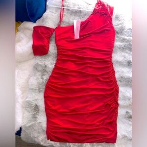 New Aqua Formal Bloomingdale’s Exclusive Elegant Red One-Shoulder Dress Small